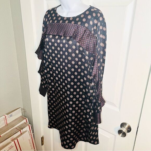 Banana Republic Foulard Ruffle Yoke Sleeve Shift Silk Dress Navy Burgundy 4 - Picture 5 of 11